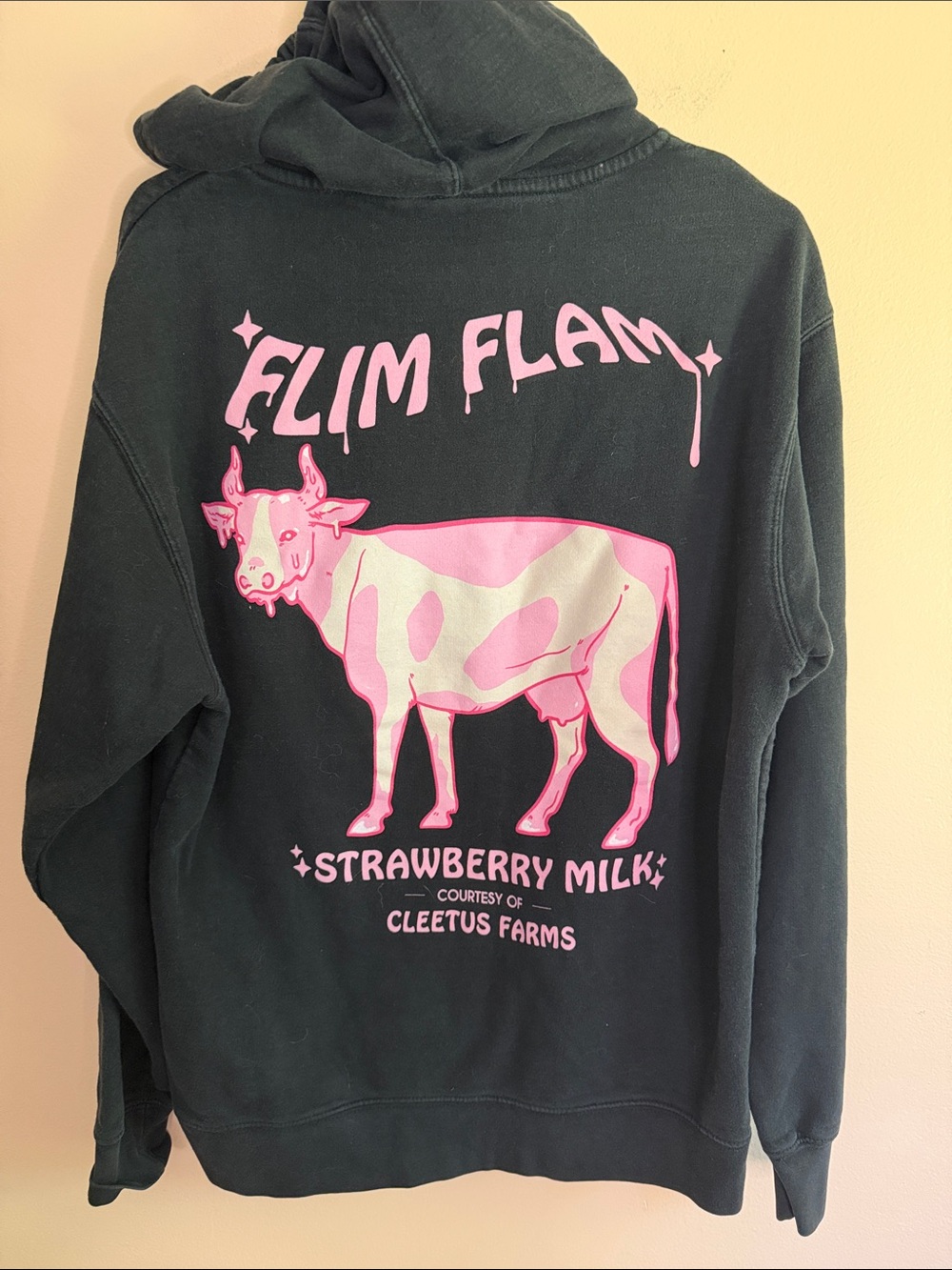 Flim Flam Strawberry Milk Graphic Crewneck Hoodie - Black with Pink Print